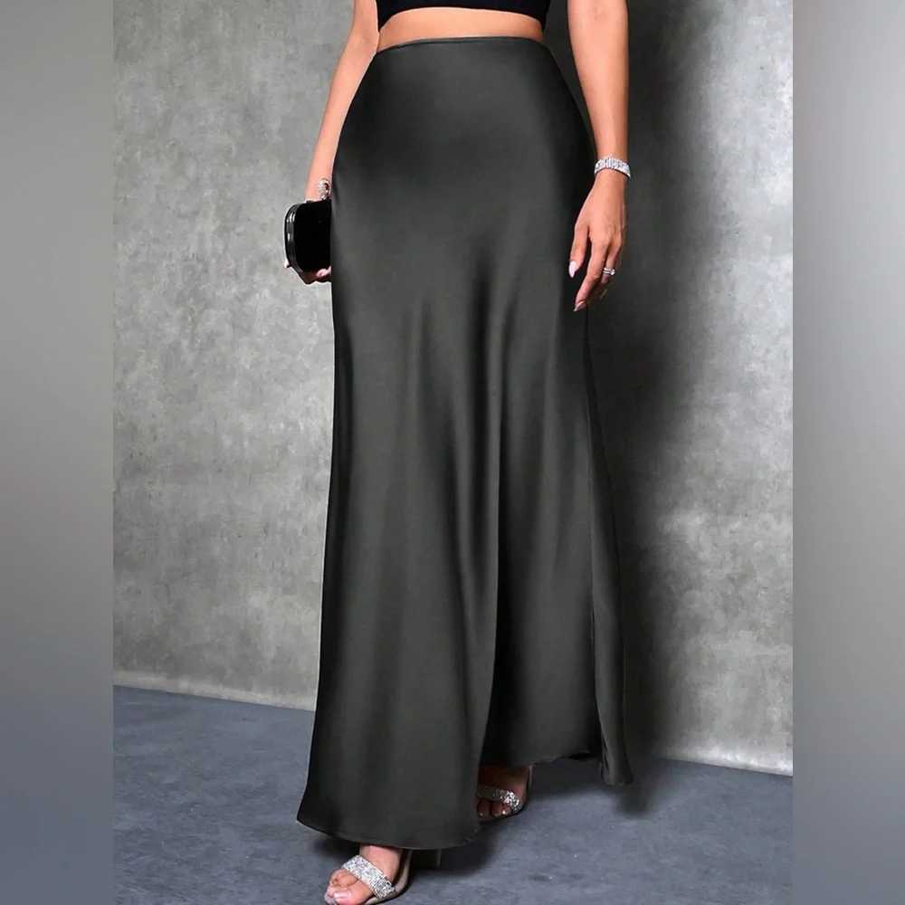 High waisted satin maxi skirt silky long skirt black